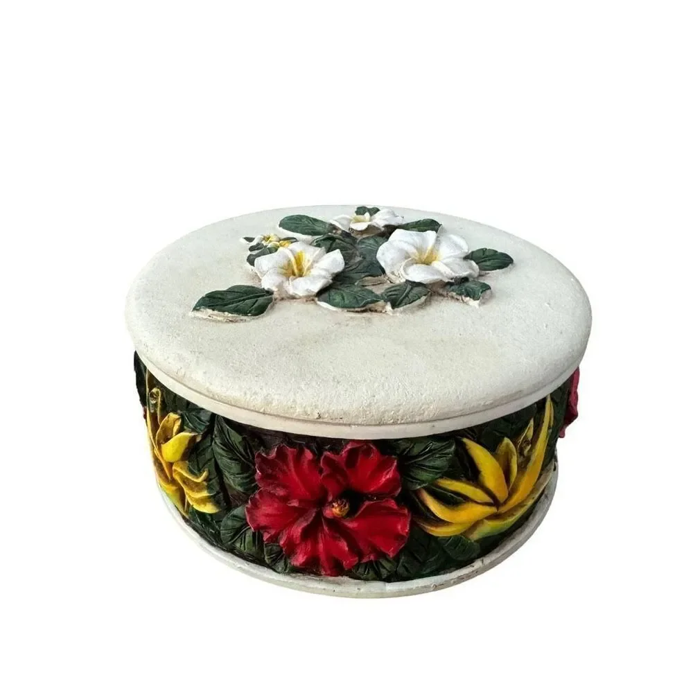KC Company LTD Hawaiian flowers 3D design ceramic jewelry trinket box 4”